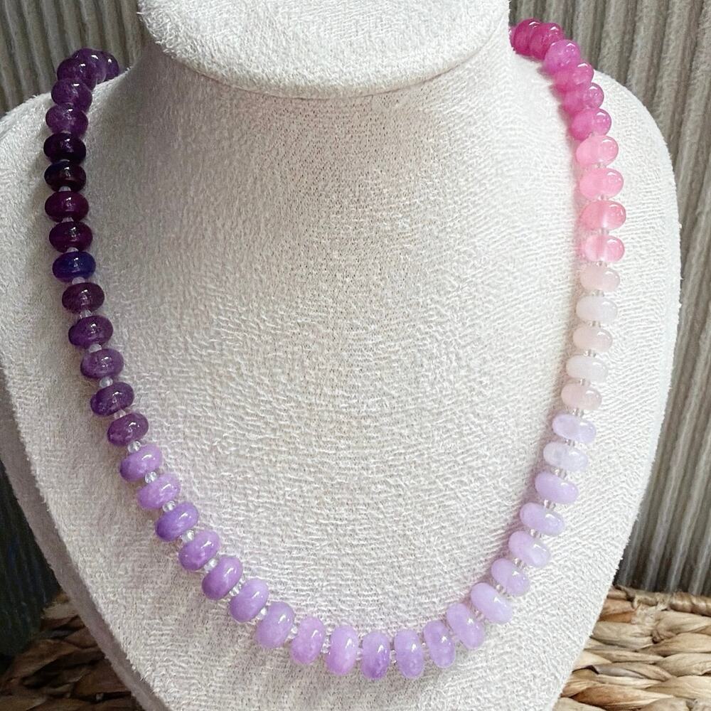 20" Multi Gemstone Beaded Necklace, Amethyst, Quartz, Pink, Purple Ombre